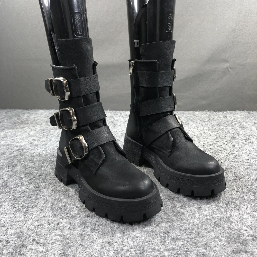 Steve Madden Roland Moto Strappy Boots Womens 8 Black Leather Buckle Zip